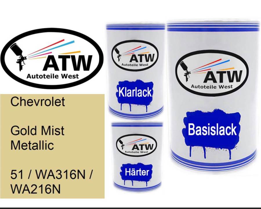 Chevrolet, Gold Mist Metallic, 51 / WA316N / WA216N: 500ml Lackdose + 500ml Klarlack + 250ml Härter - Set, von ATW Autoteile West.